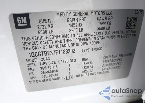 2015 Chevrolet Colorado Lt z USA, uszkodzony, nr VIN 1GCGTBE37F1188202